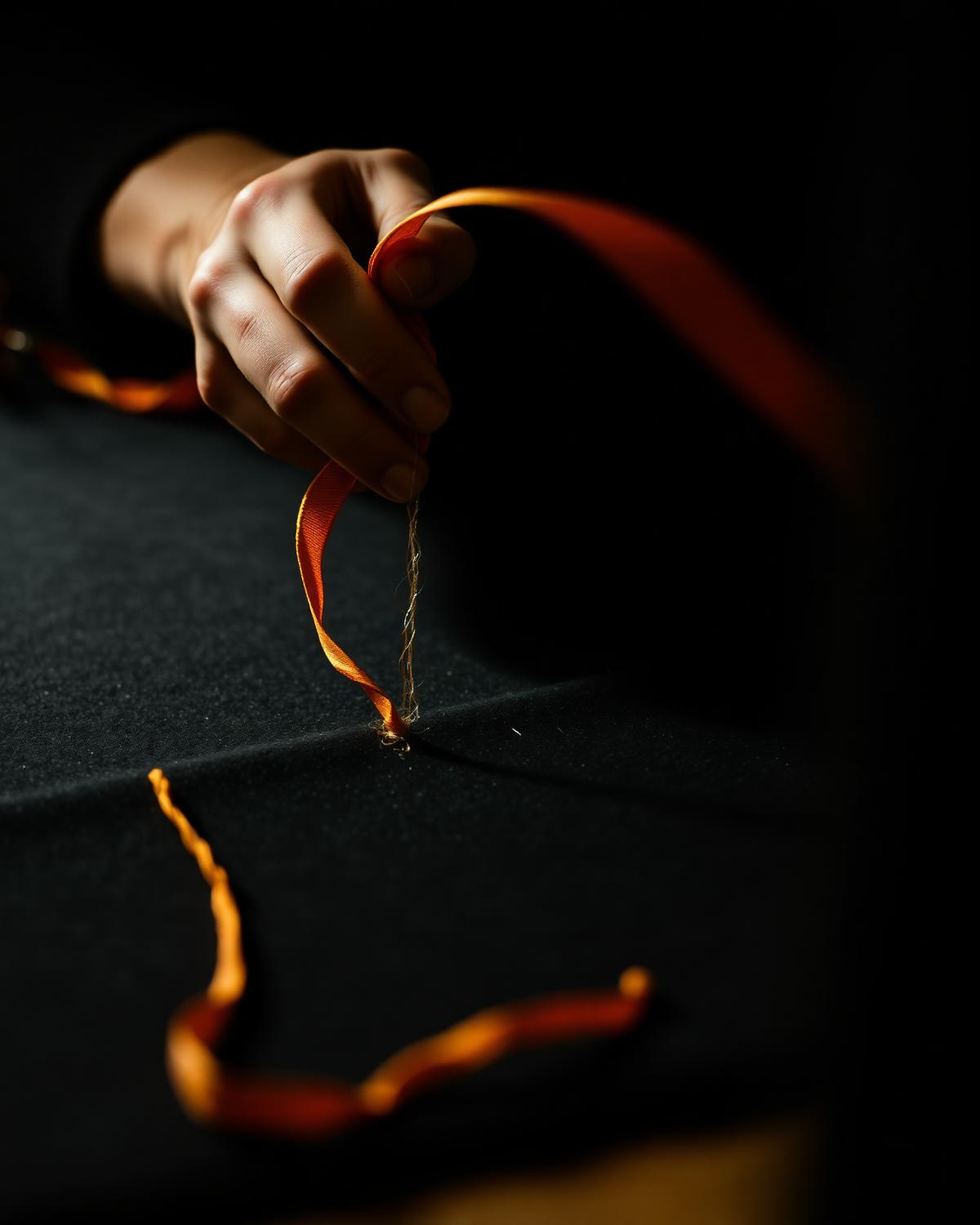 Tailor hand-stitching orange thread onto black fabric at the Kashish Dresses atelier